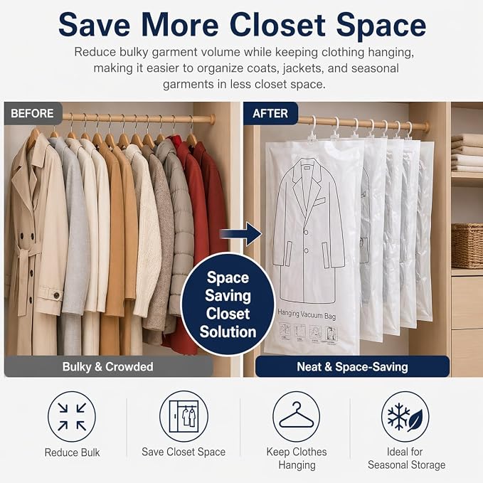 Hanging Vacuum Storage Bags for Clothes, Space Saver Bags for Coats and Winter Jackets, Seal Bags for Clothing, Large Vacuum Bags for Closet Storage, Travel & Seasonal Garment Organization