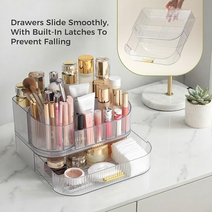 Delamu Makeup Organizer for Vanity with Stackable Drawers, 360 Rotating Makeup Brush Holder Large Cosmetic Display Case, Bathroom Skincare Storage, Crystal Clear, Ideal Gifts for Women