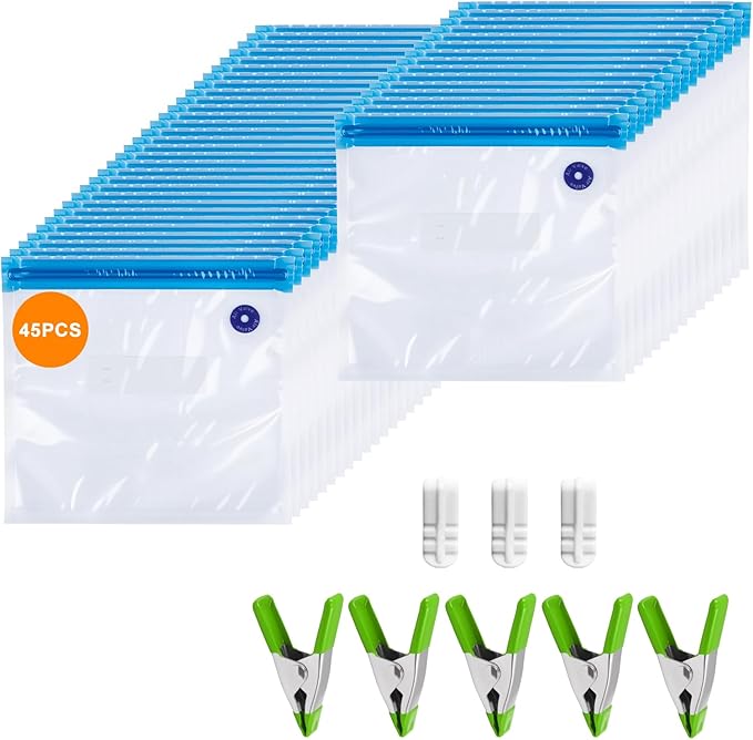 Reusable Sous Vide Bags 53Pcs BPA-Free, Ideal for Freshness Preservation, 45 Zipper Bags, 3 Seal Clips ＆ 5 Cooking Clips, Heat-Resistant & Leakproof (10x11in)