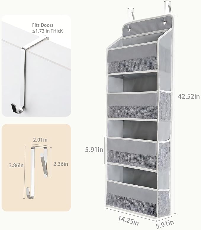 Over the Door Organizer, Door Storage Organizer with Large Capacity Pockets, Hanging Shelves for Bedroom, Closet, Dorm, Pantry (Grey, 4-Tier)