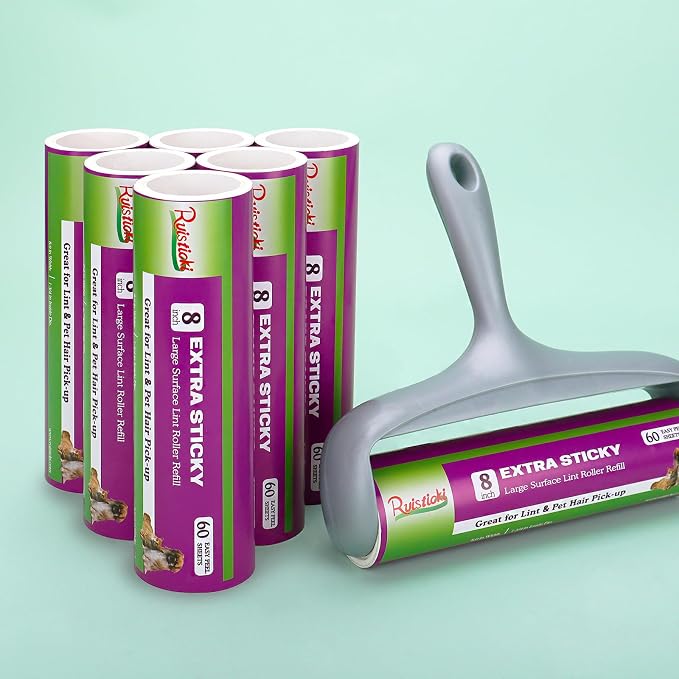 8 inch Large Lint Roller Refills Compatible with Scotch-Brite Pet Hair Pickup Extra Sticky Large Lint Roller 60 Sheets per Refill Pack of 6 Rolls 360 Easy-Tear Adhesive Sheets Total