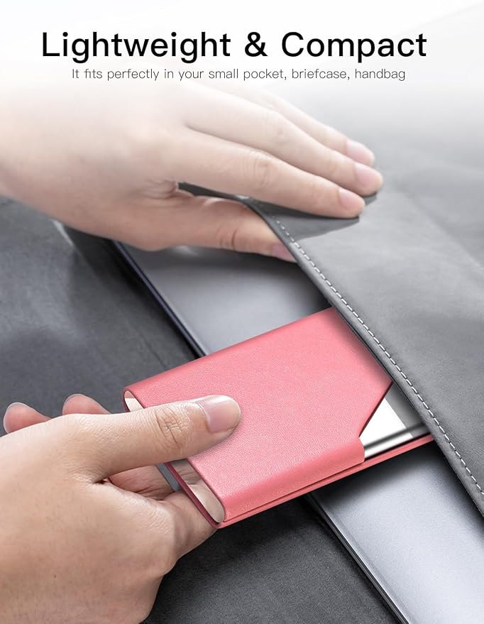 Padike Business Card Holder, PU Leather & Stainless Steel Multi Card Case for Men & Women, Name Card Holder, Credit Card Wallet, ID Case/Holder with Magnetic Closure (Pink)