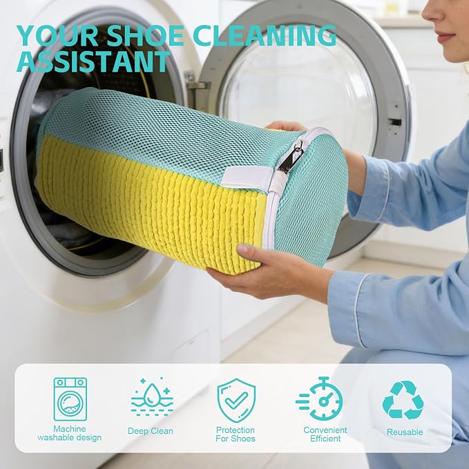 Shoe Washing Machine Bag Reusable Sneaker Washing Bag with Built-in Fluffy Brushes for 360° All-Around Cleaning. Laundry Shoe Bag is Designed for Washer and Dryer （Yellow 4pcs Pro）