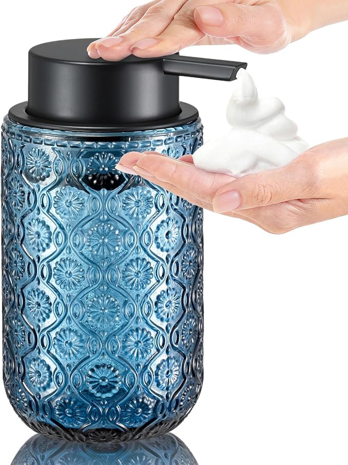 Blue Glass Foaming Hand Soap Dispenser with Matte Black Pump Thick Embossed Bottle Refillable for Bathroom and Kitchen Decor 13.5 oz