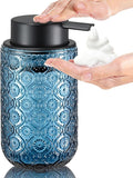 Blue Glass Foaming Hand Soap Dispenser with Matte Black Pump Thick Embossed Bottle Refillable for Bathroom and Kitchen Decor 13.5 oz