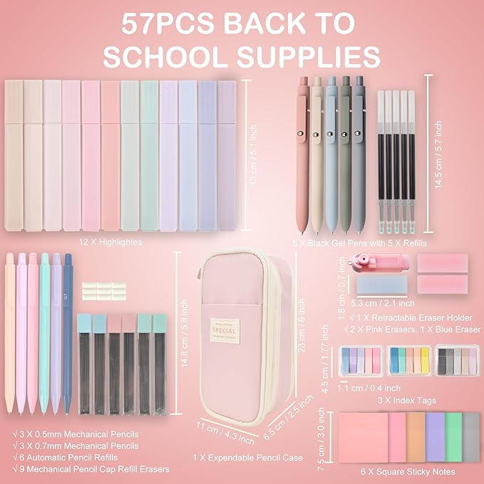 Aesthetic School Supplies with Pencil Pouch - 57 Pcs Cute College Essentials Set, Big Capacity Pen Case, Eraser Holder, Pastel Highlighters, Bible Study Journaling Stationary Kit for Girls Teens