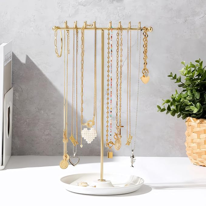 Gold Necklace Holder with Tray - 16 Hooks for Hanging Jewelry | The Tray Space is Suitable for Multifunctional Storage of Earrings, Rings, Lipstick, Watches & More - Jewelry Organizer