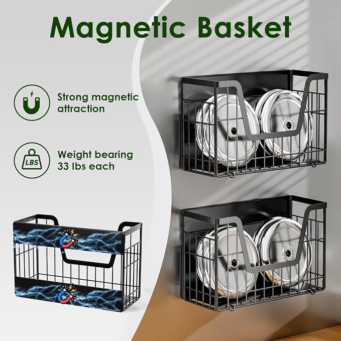 4-Pack Magnetic Fridge Shelf, Black Fruit Basket Potato Storage | Magnetic Shelf Refrigerator Organizer for Fruit & Veggie, Potato Onion Storage Bin; Multi-Use For Kitchen, Pantry & Laundry