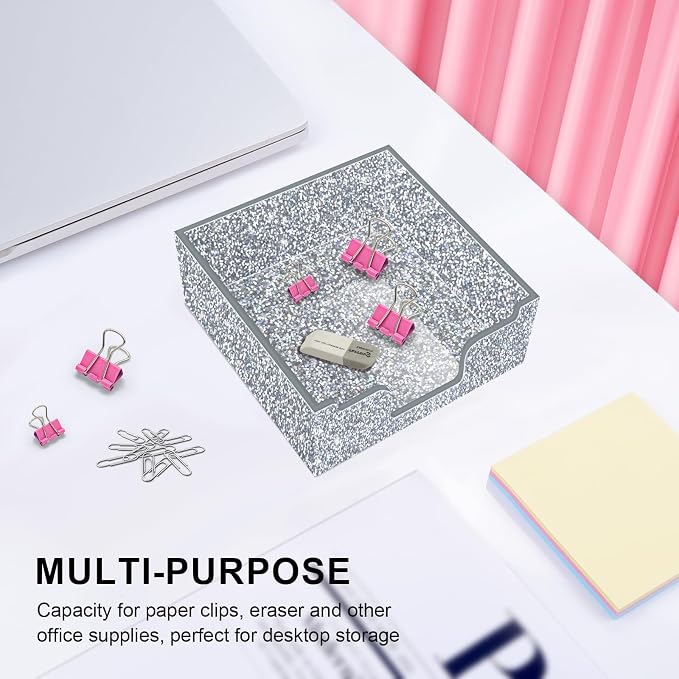 Rouidr Acrylic Sticky Note Holder, Self Stick Note Pad Holder, Silver | 3.94 x 3.94 Inch Glitter Memo Pad Dispenser Organizer for School Office Home Desk Supplies