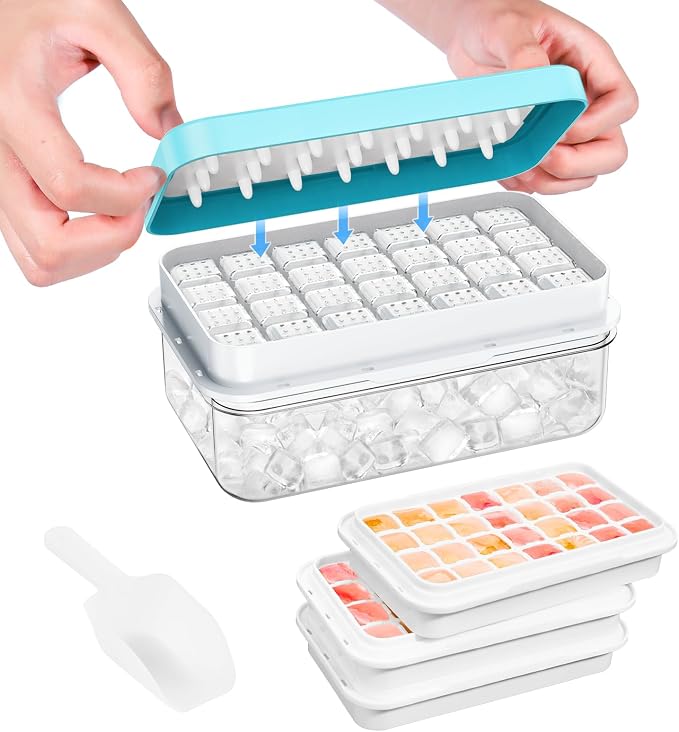 0.8“ Ice Cube Tray with Lid and Bin, PHINOX 84 Cubes Ice Trays for Freezer, Ice Cube Trays for Freezer with 3 trays, Container, Lid & Ice Scoop, BPA Free, Blue(28Cubes/Tier)
