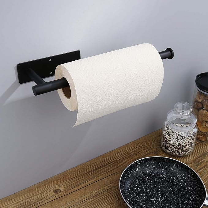 Paper Towel Holders for Kitchen- Under Cabinet Paper Towel Holder Roll Back for Bathroom Towel, Wall Mounted Black Paper Towel Rack 304 Stainless Steel, Adhesive or Drilling Mounting