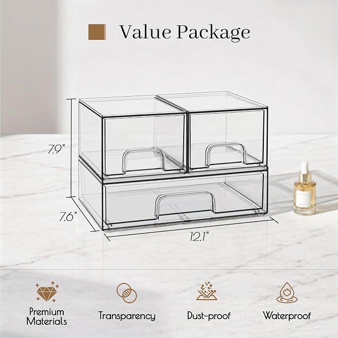 TIPGO Clear Stackable Storage Drawers, Acrylic Bathroom Makeup Organizer, Plastic Bins for Art Tool & Sketch, Durable Containers for Countertop, Cabinet, Vanity, Medicine Organization