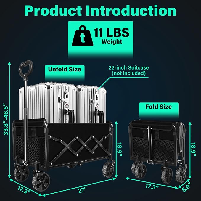 Collapsible Wagon Cart with Wheels Foldable, 360 Lbs Heavy Duty Folding Utility Wagon - Portable All Terrain Grocery Cart for Groceries/Shopping/Outdoor/Camping/Fishing/Sports