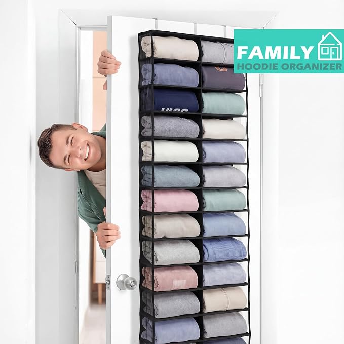 Over The Door Hoodie Organizer 26 Clear Pocket Sweatshirt Organizer with 3 Hooks Hanging Sweatshirt Hoodie Rack Holder Cabinet Behind The Doors for Dormitory Bedroom Closet Storage(Black)