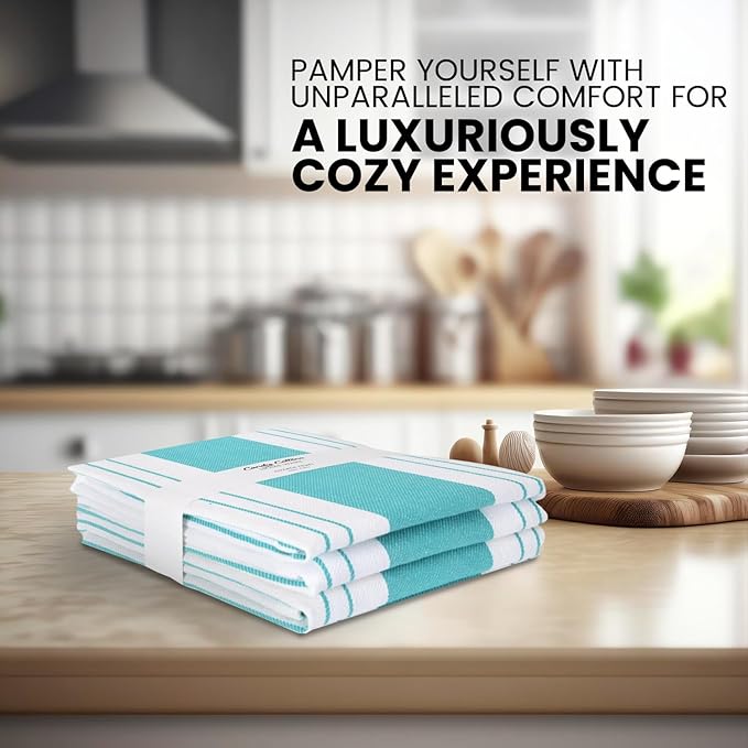 Stripe Kitchen Towels Mordern Design Centreband Dish Towels Boho Stripe Absorbent Festive Gift Set of 3 Pantry Reusable Kitchen Dish Towel|Easter Spring Decor 18x28 Inch Teal Blue