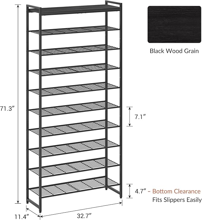 10 Tier Shoe Rack Organizer for 40-50 Pairs, Tall Metal Shoe Storage Shelf with Wood Top, Adjustable Boot Space, Narrow Design for Entryway Closet,Black