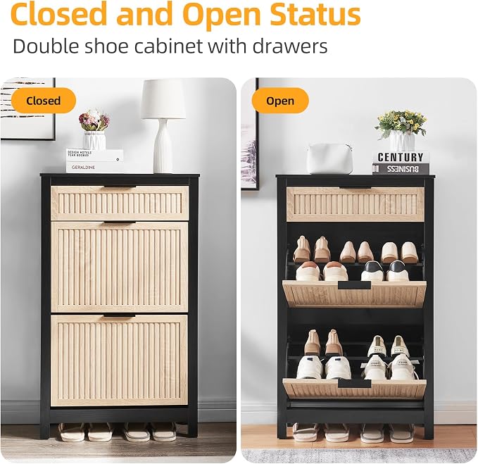 2 Flip Drawers Shoe Cabinet Storage for Entryway, Narrow Shoes Organizer Cabinet for Front Door Entrance, Hidden Wooden Hallway Shoe Rack(Oak&Black)
