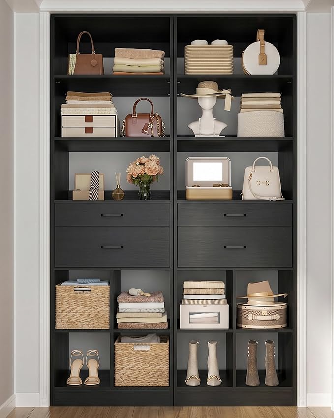 44" Storage Unit with Drawers and Shelves, Black