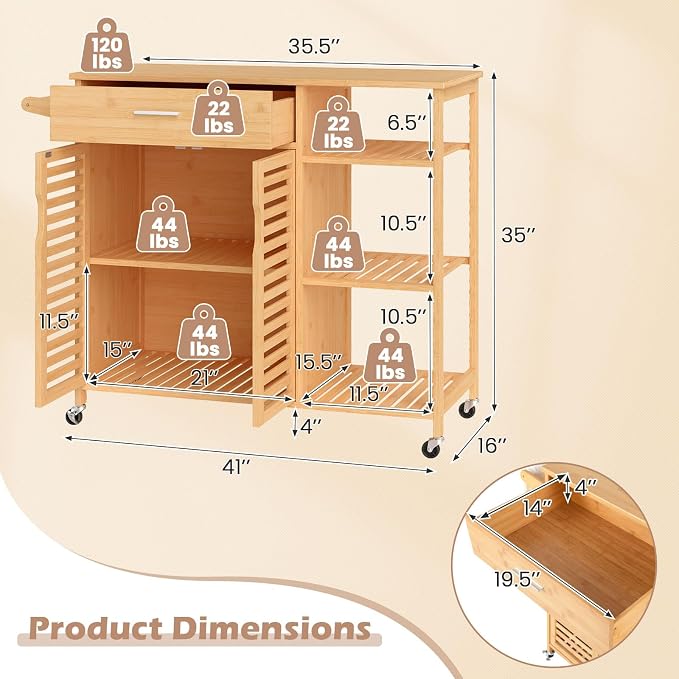 Bamboo Kitchen Island Cart, Rolling Butcher Block with Large Drawer, 2-Door Cabinet, 3-Tier Open Shelves, Towel Rack, Kitchen Carts on Wheels with Storage for Dining Room