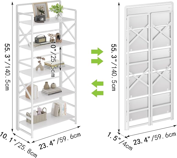No Assembly Folding Bookshelf, 5 Tiers Vintage Wood Collapsible Book Shelf for Storage,Industrial Metal Foldable Bookcase Organizer for Living Room Bedroom Home Office (White)