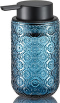 Blue Glass Liquid Hand Soap Dispenser with Matte Black Pump Thick Embossed Bottle Refillable for Bathroom and Kitchen Decor 13.5 oz