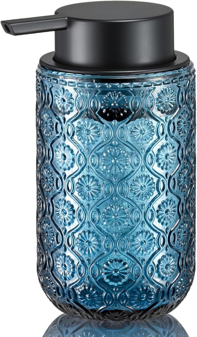 Blue Glass Liquid Hand Soap Dispenser with Matte Black Pump Thick Embossed Bottle Refillable for Bathroom and Kitchen Decor 13.5 oz