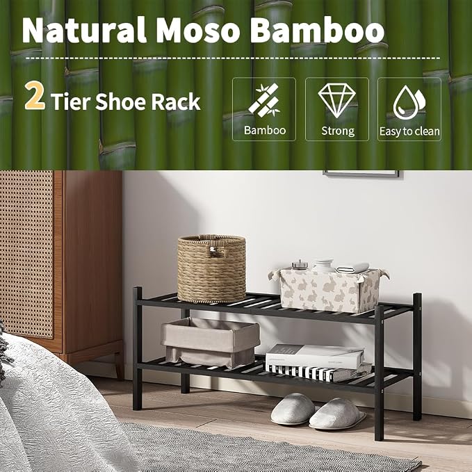 Shoe Rack, 2-Tier Bamboo Stackable Shoe Shelf Storage Organizer, Shoe Stand for Closet, Entryway and Hallway