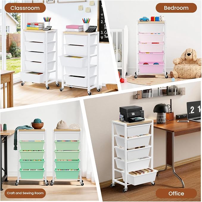 Rolling Cart with 5 Drawers, Plastic Drawer Storage Carts with Wheels & Wooden Tabletop, Metal Utility Cart for Office Bedroom Living Room Classroom, Craft Organization and Storage, Green