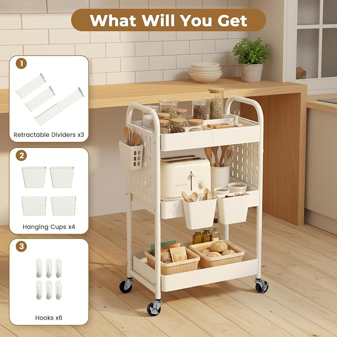danpinera Craft Cart, Black Rolling Cart with Retractable Dividers & DIY Pegboards for Kitchen, Bedroom, Laundry