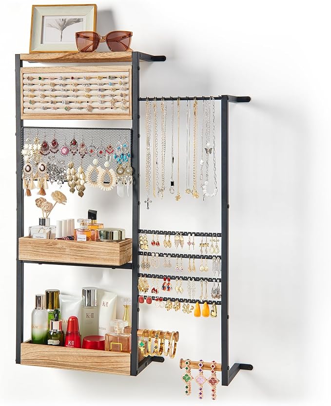 Pinzoveco Hanging Jewelry Organizer Wall Mounted, Large Hanging Jewelry Organizer Holder for Necklaces,Bracelest,Earrings,Rings,Watched,Makeup & Perfume (Black)
