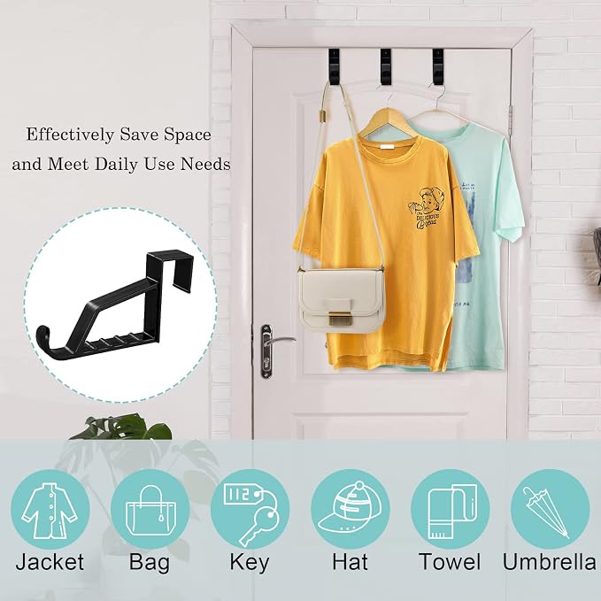 Maitys Space Saving Plastic Over Door Hooks Door Hanger Hooks Multi Hanging Storage Organizers Door Hangers Door Towel Hooks for Coats, Towels, Bags, Hats, Scarves Home Accessories (Black,4 Pieces)