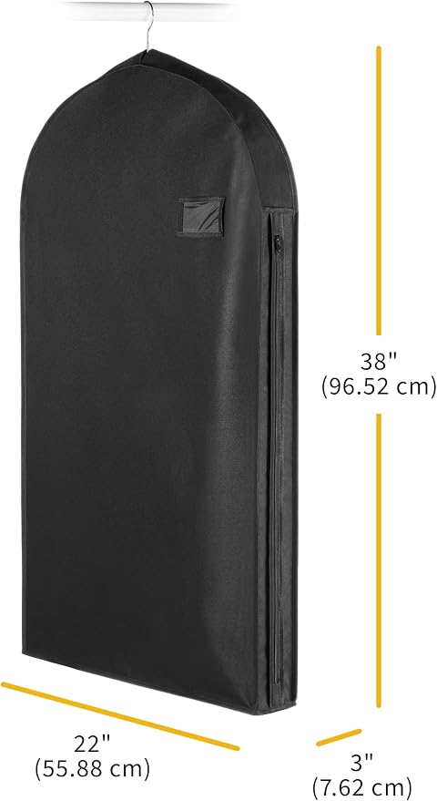 Whitmor Deluxe Suit Garment Bag, 38" Heavy Duty 3" Gusset Clothes Cover for Suits, Jackets & Uniforms, Water-Repellent Polyester with ID Pocket & Full-Length Side Zipper, Black