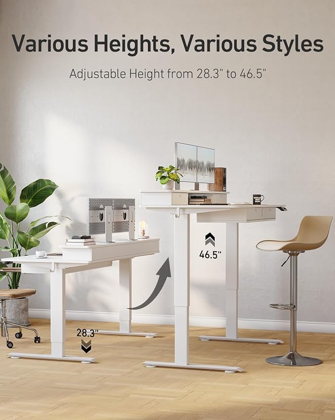 CubiCubi 60" x 30" Standing Desk with Drawers, Height Adjustable Electric Workstation, Computer Sit Stand Up Table with Large Storage Shelf 4 Drawers and 2 Hooks, White