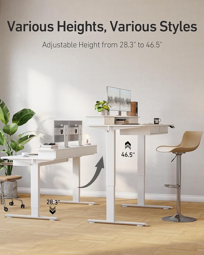 FEZIBO 48 x 24 inch Standing Desk with Drawers, Height Adjustable Electric Workstation, Computer Sit Stand Up Table with Large Storage Shelf 4 Drawers and 2 Hooks, White