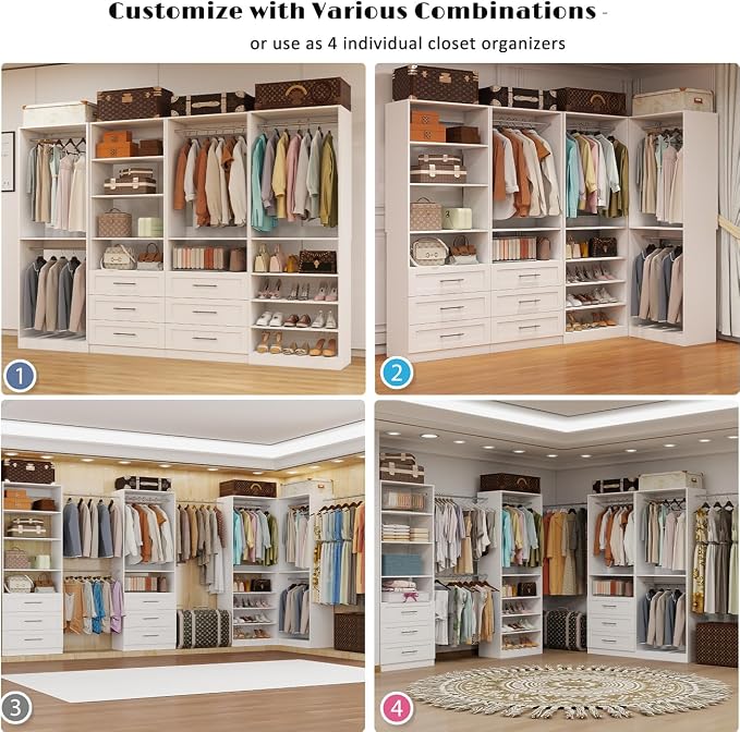 Closet System with 4 Sets, 8-21FT Closet Organizer Systems with 6 Drawers & 8 Hanging Rods & Adjustable Shelves, Walk in Closet Freestanding Closet System Modular Closet System Set White
