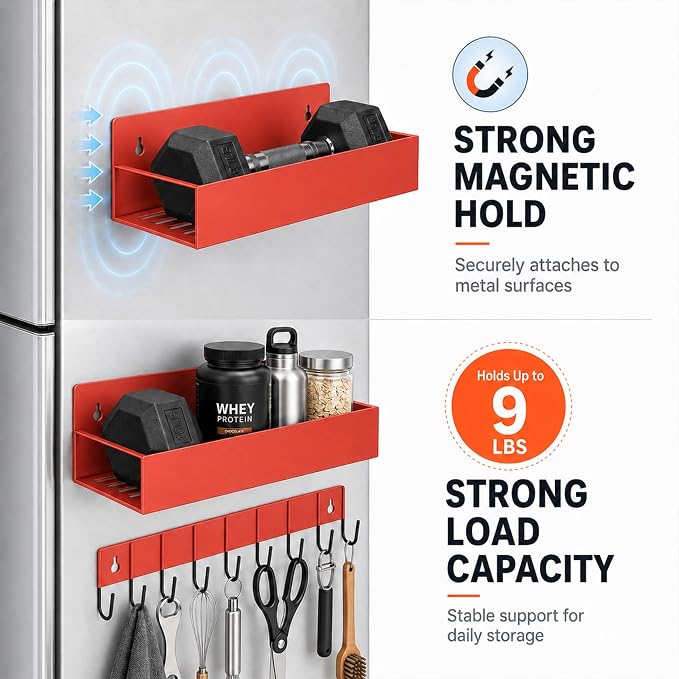 SMRCAD Magnetic Spice Rack 4 Pack with Hook – Heavy-Duty | Iron construction, dust-resistant, fits condiment bottles, includes screws for optional wall mount