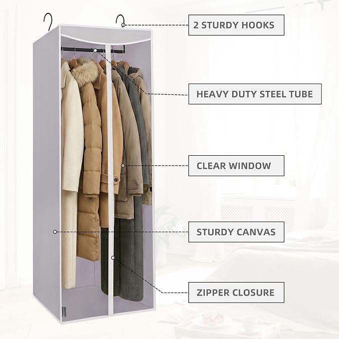 STORAGE MANIAC 57" Hanging Garment Bag Zipper Cover with Sealed Clear Window, Long Garment Cover for Closet Storage Wardrobe Clothes Protector, Large Garment Storage Bag for Dresses, Grey，2-Pack