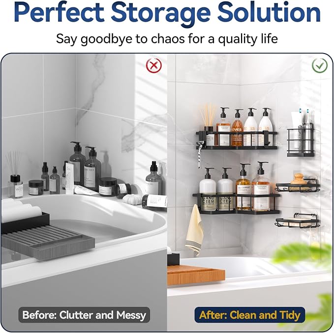 YASONIC Corner Shower Caddy Adhesive, 100% Rustproof Shower Organizer with Soap and Troothbrush Holder, No Drill Shower Shelf for Inside Shower, Wall-Mounted Shower Storage for Homes (5 Pack, Black)