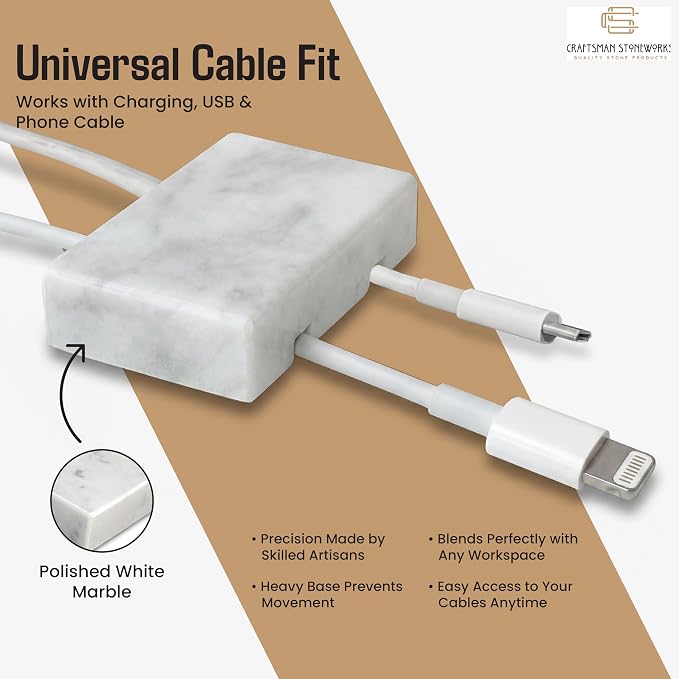 Cord Holder – Polished Marble Cable Tidy, Double | Handmade polished white marble cord holder keeps charging cables tidy on your desk. Weighted, non-slip. Double slot.
