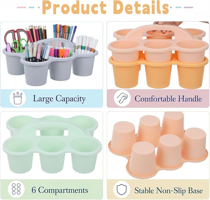 Plastic Caddy with Handle Set of 6 Classroom Caddy Organizer Cup Caddies Water Bottle Storage Crayon Caddies Plastic Cup Holder Drink Carrier for School Home Office Supplies (Boho)