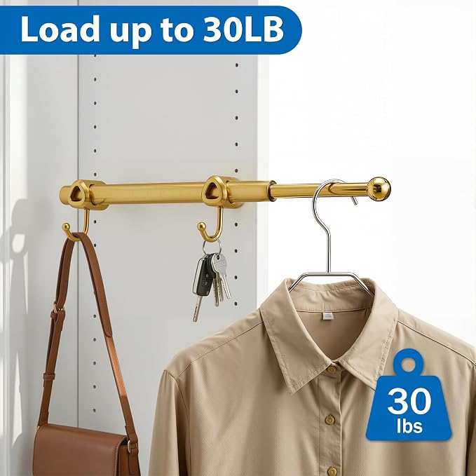 Valet Rod for Closet Pull Out with Hooks, Easy To Install (Brushed Gold, 14 Inch)