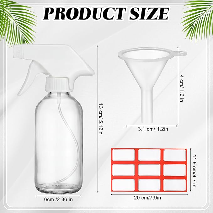 Norme 24 Pcs Glass Spray Bottles with Funnels and Labels 8 oz Refillable Cosmetic Empty Spray Containers with Trigger Squirt Containers for Essential Oil Cleaning Solutions (Transparent)
