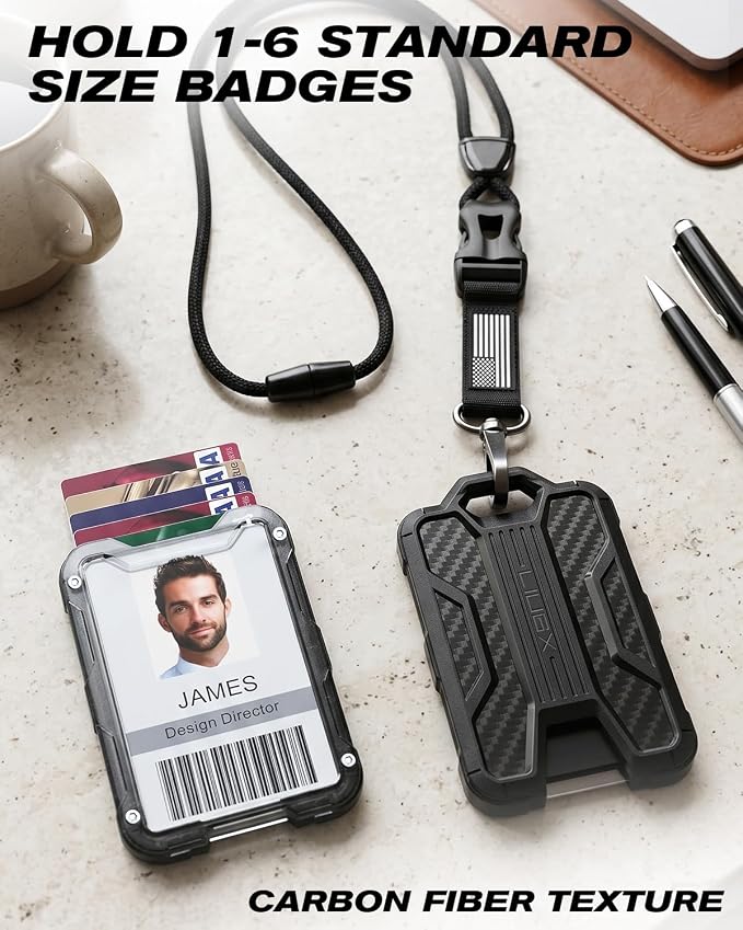 LIUGX Badge Holder with Breakaway Lanyard, Carbon Fiber-Texture, 6 Cards | American Flag, Quick Release Detachable Buckle, Metal Clip, Heavy Duty ID Card Holder, for Work, Office, Easy to Use, Green