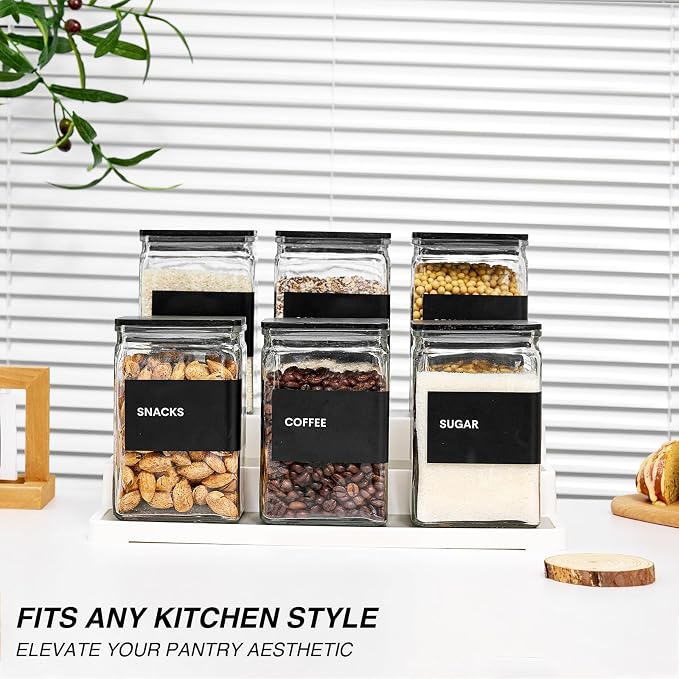 Glass Storage Jars with Bamboo Lids, 27oz Square Spice Jars for Kitchen Pantry Organization, Glass Seasoning Bottles Spice Containers with Labels for Cereal Flour Beans Tea