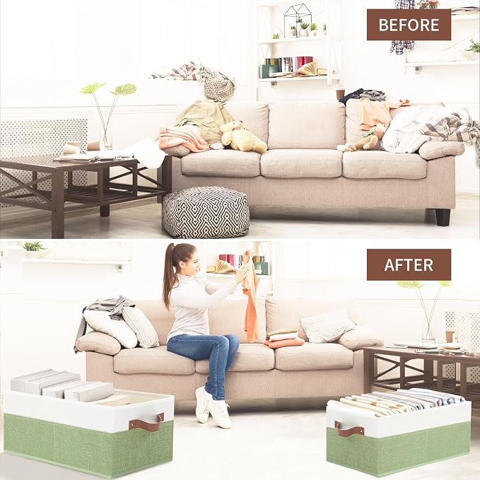 3 Pack Large Capacity Storage Bins Closet Organizer for Shelves, Fabric Closet Storage Baskets Boxes with Leather Handles for Organizing Clothes, Sheets, Jeans, Toys, Books (Green)