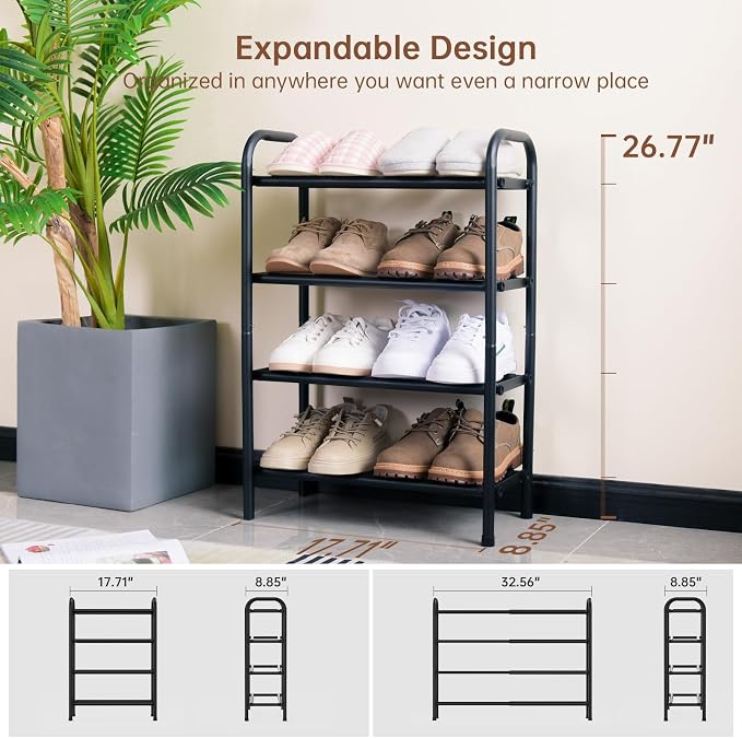 Gonfoam 4-Tier Expandable Shoe Rack,Adjustable Shoe Shelf Storage Organizer Heavy Duty Metal Free Standing Shoe Rack for Entryway Closet Doorway (Black) | Tool-Free Assembly, Metal Material, Adjustable Shoe Organizer, Sturdy, Small Space Solution, Dorm...