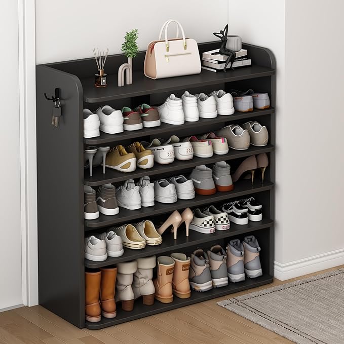 5 Tier Shoe Rack, Wooden Shoe Storage Cabinet, Large Capacity Tall Shoe Shelf Free Standing Shoe Rack Organizer for Closet Entryway Garage Bedroom, Black