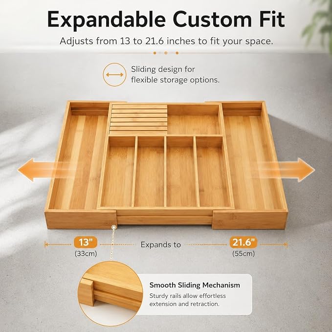 FUSHITON Expandable Bamboo Utensil Organizer with Built-In Knife Block, 7 Compartments, Adjustable Drawer Divider for Kitchen