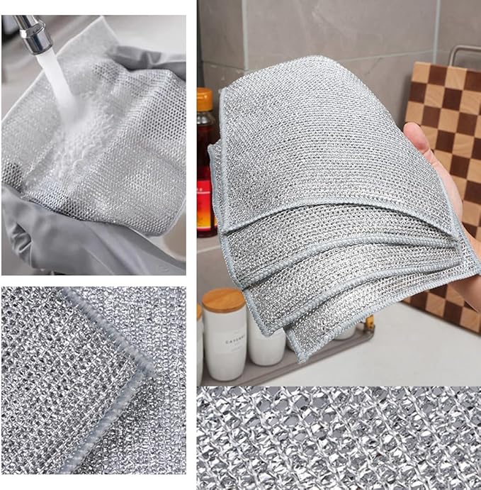 Non Scratch Wire Dishcloth Wet and Dry, 2024 New Kitchen Dish Towels Double Layer Wire Dishwashing Rags Cleaning Pads, Multipurpose Metal Wire Dishcloth Reusable Scrubbing Pads for Kitchen (15PCS)