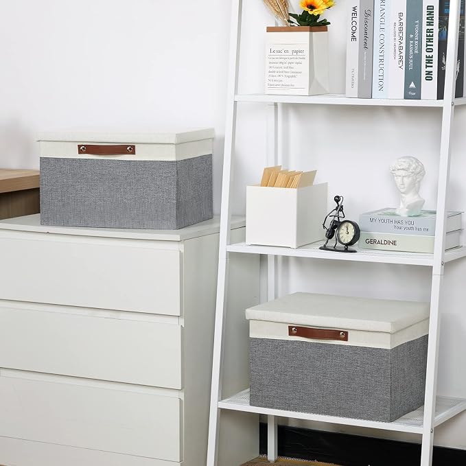 Temary Collapsible Storage Bins Storage Boxes with lid, 2 Pack Storage Baskets with Lid Organizing Clothes, Decorative Organizer Bins with Handles (White&Gray, 15x11x9.5inch)
